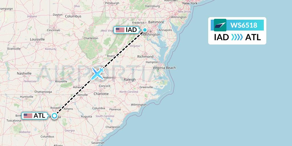 WS6518 WestJet Flight Map: Washington to Atlanta