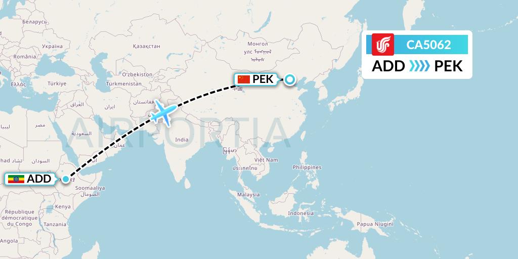 CA5062 Air China Flight Map: Addis Ababa to Beijing