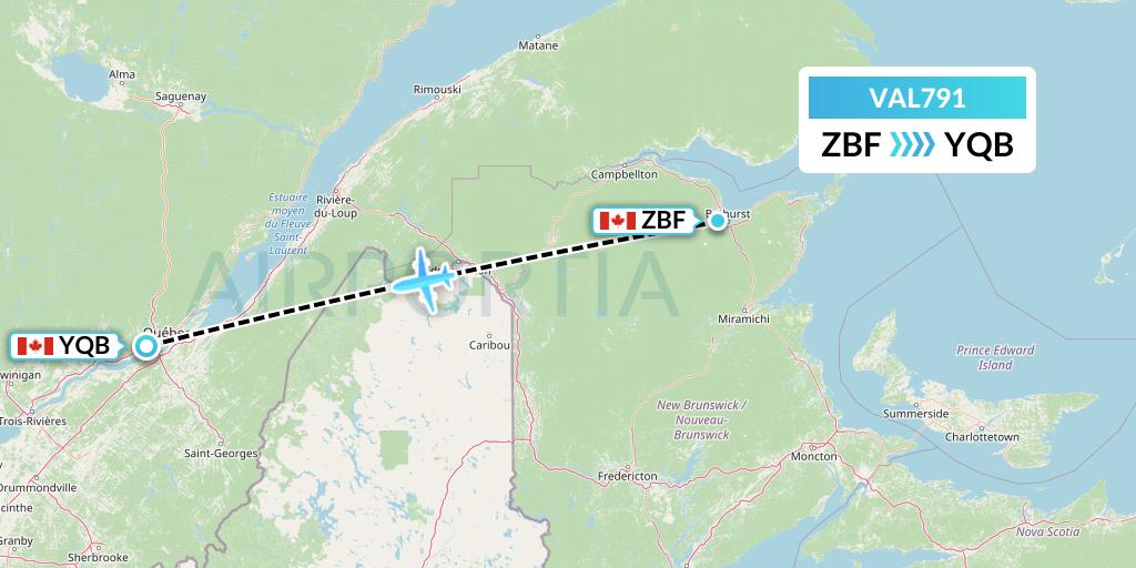 VAL791 Voyageur Airlines Flight Map: Bathurst to Quebec