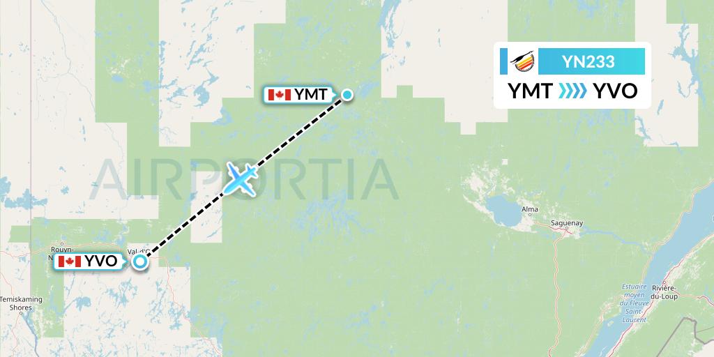 YN233 Air Creebec Flight Map: Chibougamau to Val-d'Or