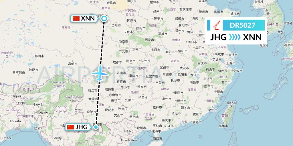DR5027 Ruili Airlines Flight Map: Jinghong to Xining