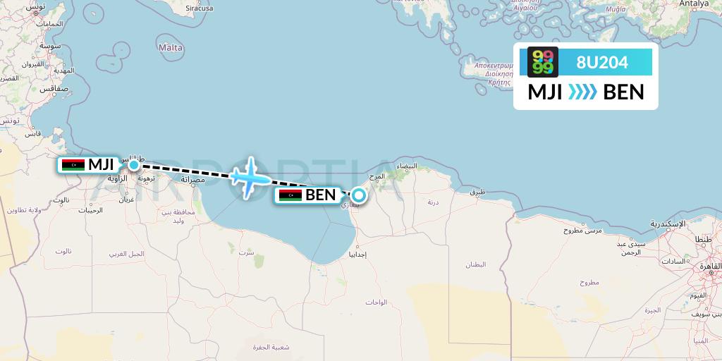 8U204 Afriqiyah Airways Flight Map: Tripoli to Benghazi