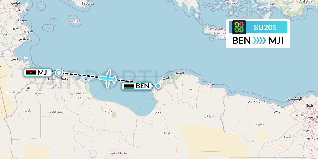 8U205 Afriqiyah Airways Flight Map: Benghazi to Tripoli