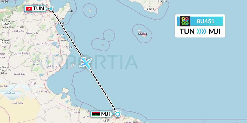 8U451 Afriqiyah Airways Flight Map: Tunis to Tripoli