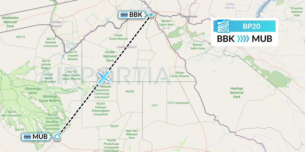 BP20 Air Botswana Flight Map: Kasane to Maun