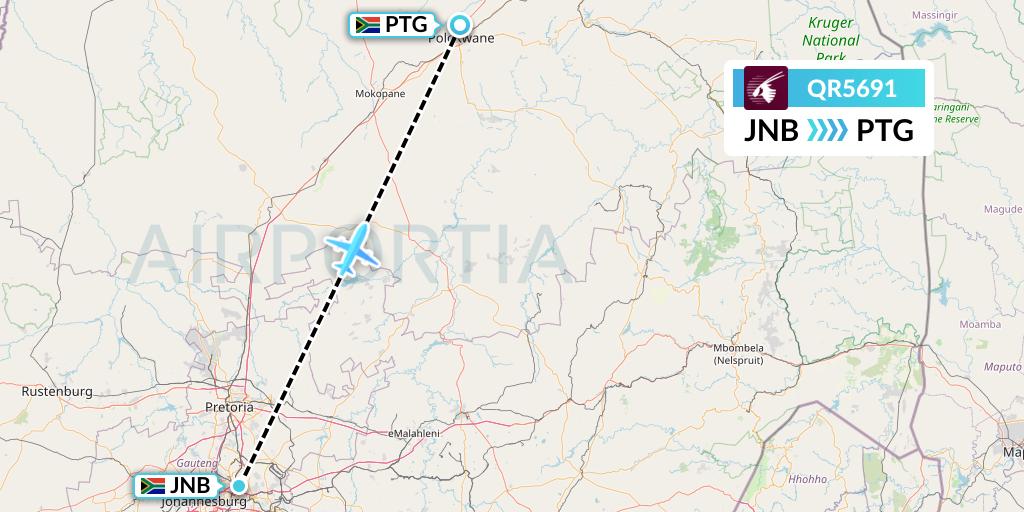 QR5691 Qatar Airways Flight Map: Johannesburg to Polokwane