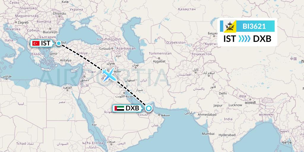 BI3621 Royal Brunei Airlines Flight Map: Istanbul to Dubai