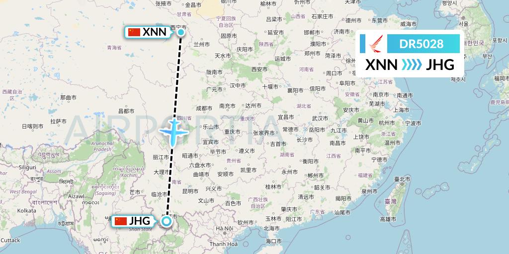 DR5028 Ruili Airlines Flight Map: Xining to Jinghong