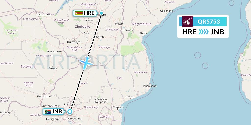 QR5753 Qatar Airways Flight Map: Harare to Johannesburg