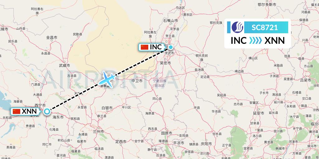 SC8721 Shandong Airlines Flight Map: Yinchuan to Xining