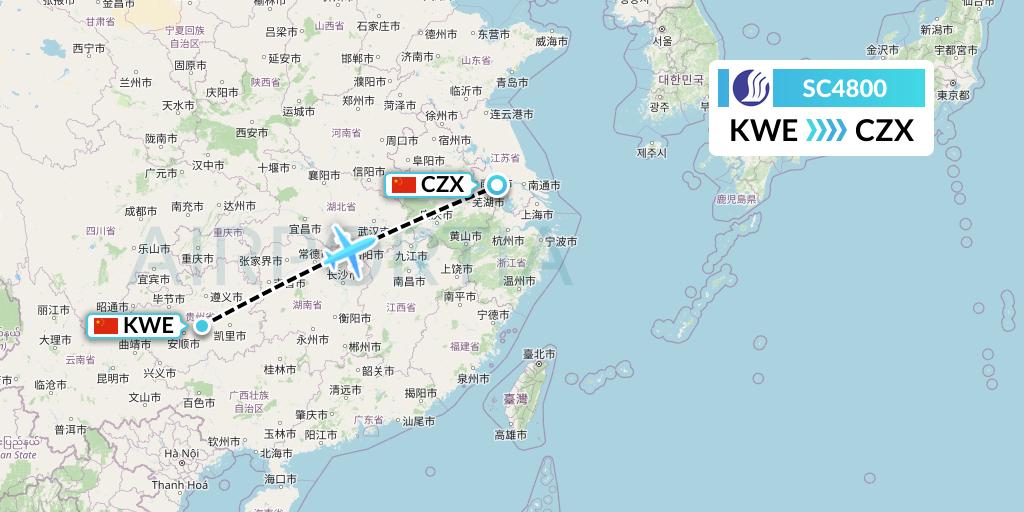 SC4800 Shandong Airlines Flight Map: Guiyang to Changzhou