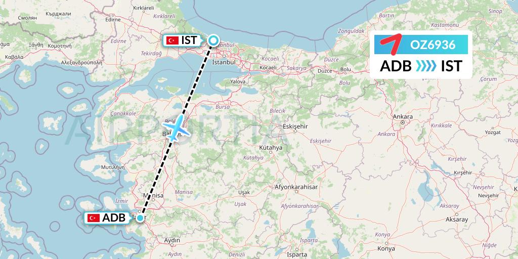 OZ6936 Asiana Airlines Flight Map: Izmir to Istanbul