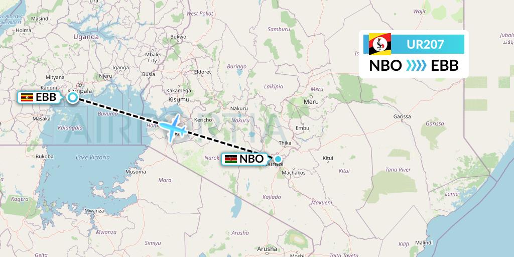 UR207 Uganda Airlines Flight Map: Nairobi to Entebbe