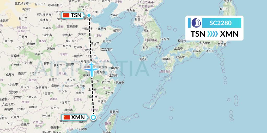 SC2280 Shandong Airlines Flight Map: Tianjin to Xiamen