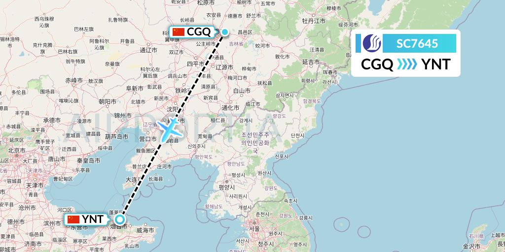 SC7645 Shandong Airlines Flight Map: Changchun to Yantai
