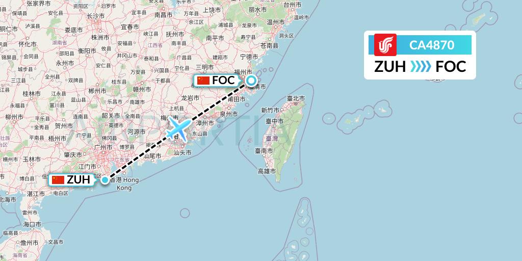 CA4870 Air China Flight Map: Zhuhai to Fuzhou