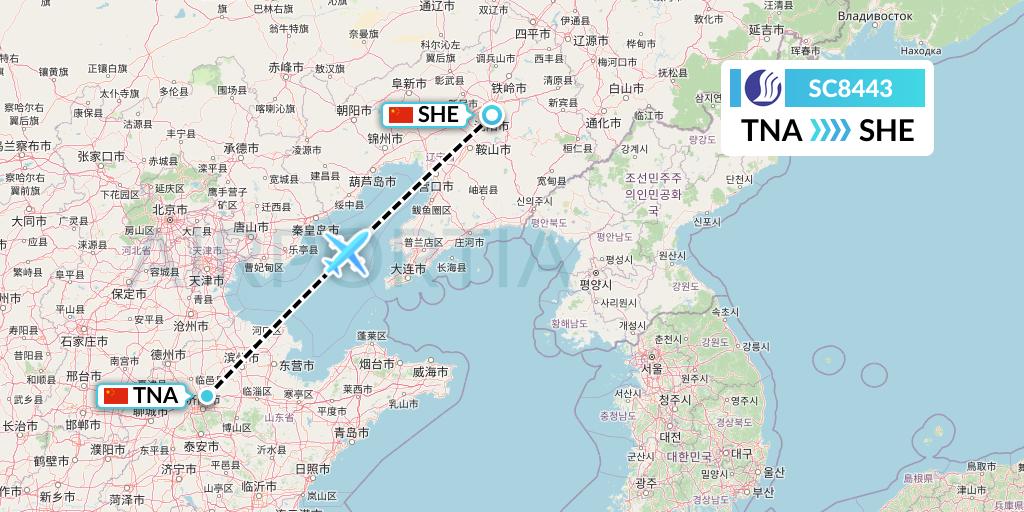SC8443 Shandong Airlines Flight Map: Jinan to Shenyang