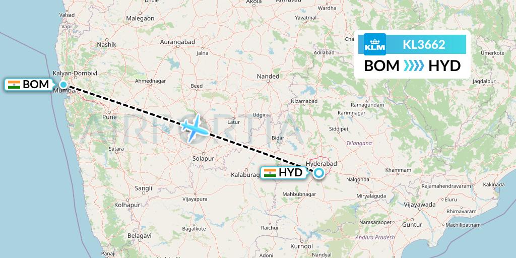 KL3662 KLM Flight Map: Mumbai to Hyderabad