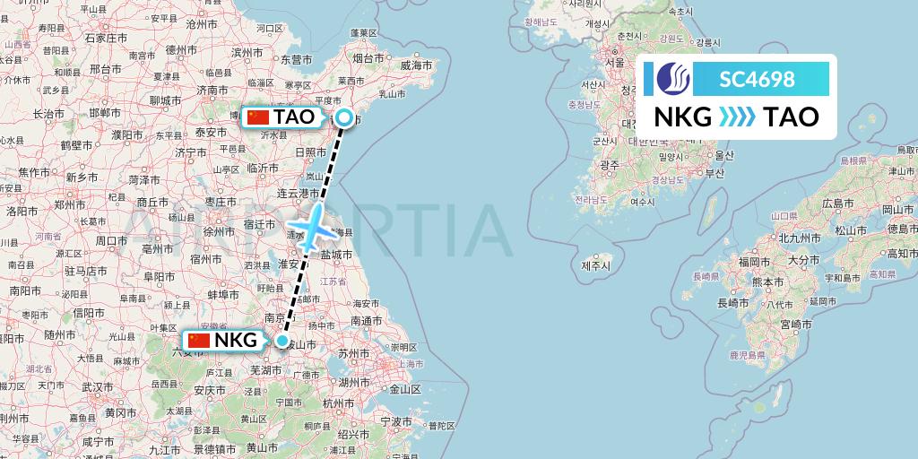 SC4698 Shandong Airlines Flight Map: Nanjing to Qingdao