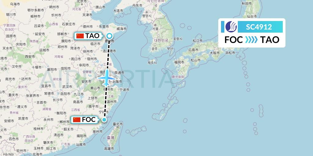 SC4912 Shandong Airlines Flight Map: Fuzhou to Qingdao