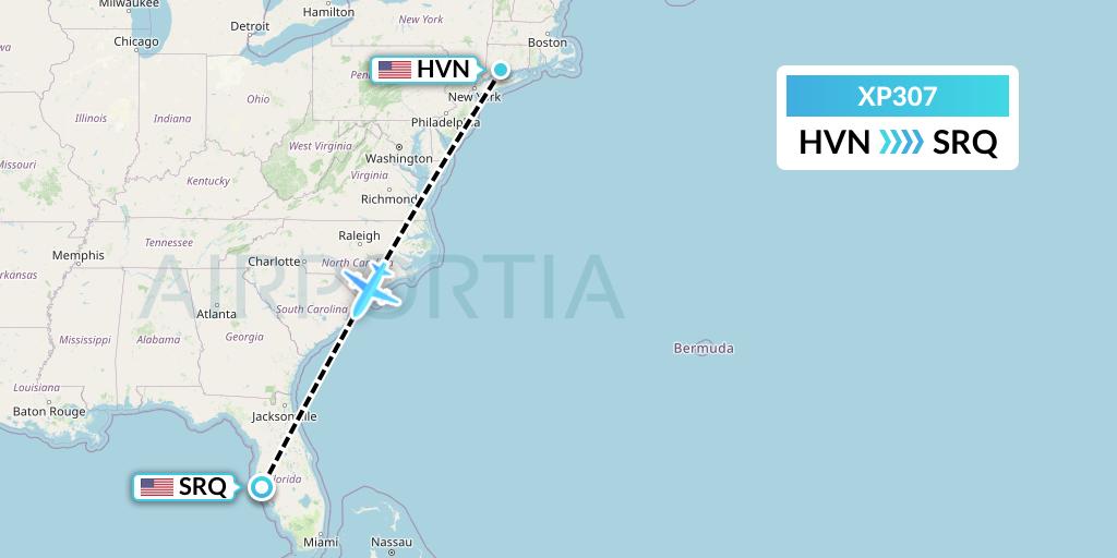 XP307 Avelo Airlines Flight Map: New Haven to Sarasota