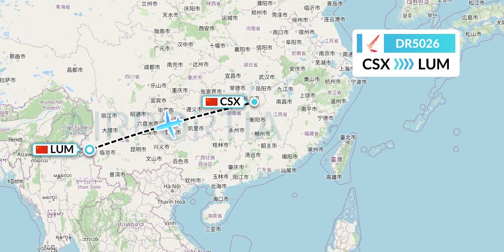 DR5026 Ruili Airlines Flight Map: Changsha to Mangshi