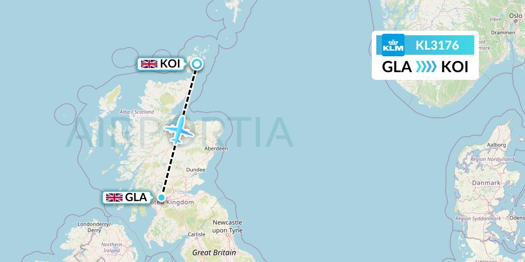 KL3176 KLM Flight Map: Glasgow to Kirkwall