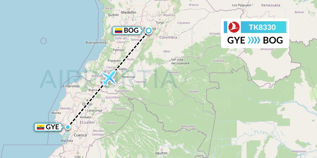 TK8330 Turkish Airlines Flight Map: Guayaquil to Bogota