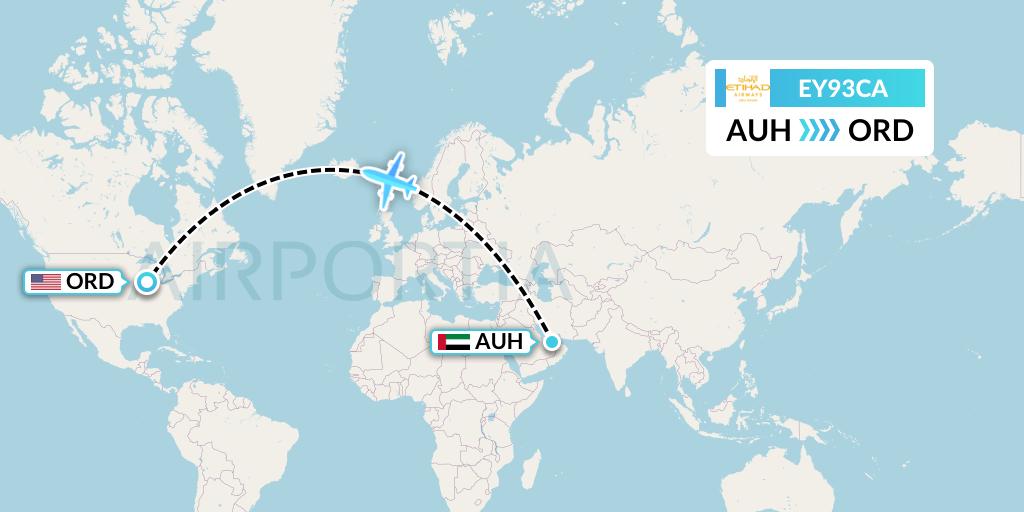EY93CA Etihad Airways Flight Map: Abu Dhabi to Chicago