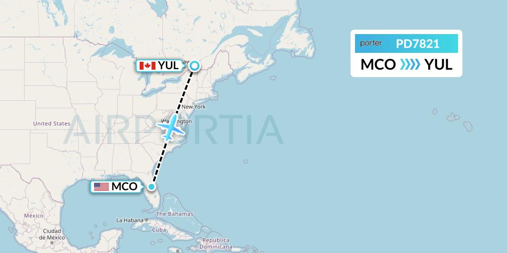 PD7821 Porter Airlines Flight Map: Orlando to Montreal