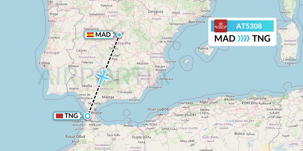 AT5308 Royal Air Maroc Flight Map: Madrid to Tangier