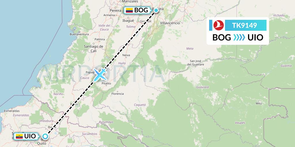 TK9149 Turkish Airlines Flight Map: Bogota to Quito