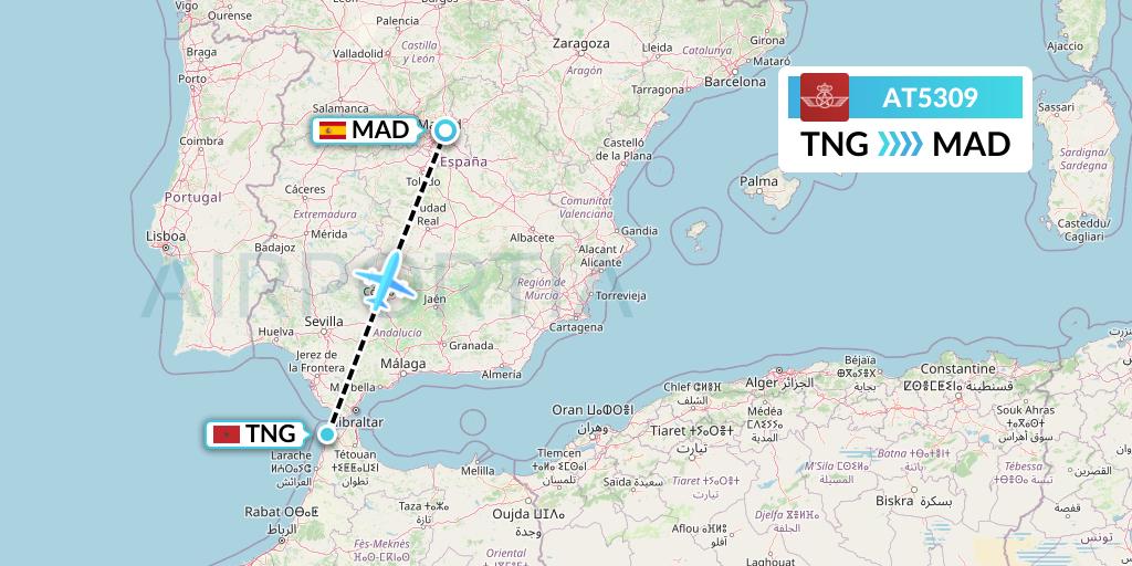 AT5309 Royal Air Maroc Flight Map: Tangier to Madrid