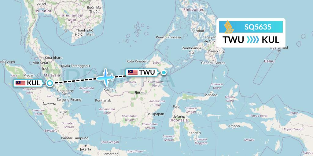 SQ5635 Singapore Airlines Flight Map: Tawau to Kuala Lumpur