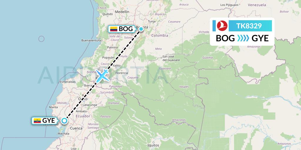 TK8329 Turkish Airlines Flight Map: Bogota to Guayaquil