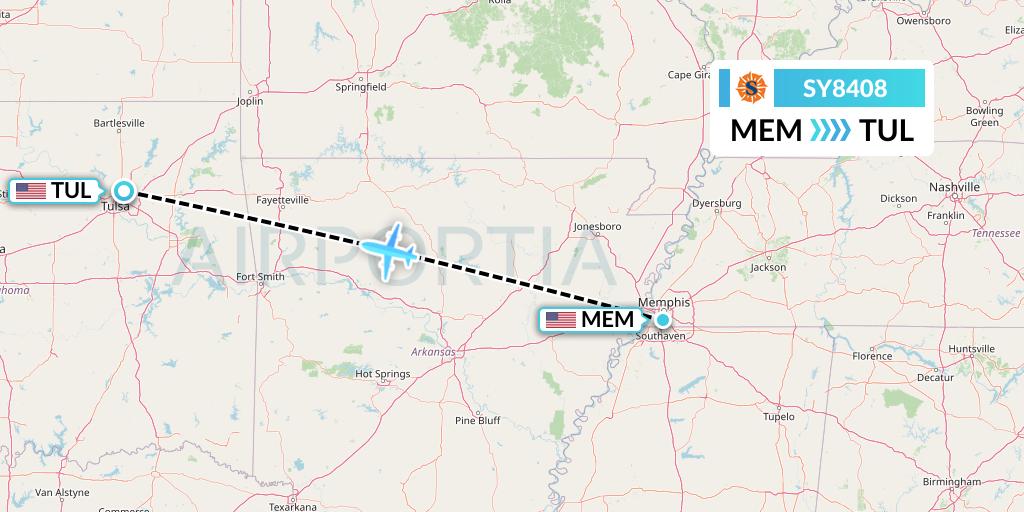 SY8408 Sun Country Airlines Flight Map: Memphis to Tulsa