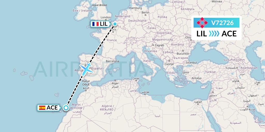 V72726 Volotea Flight Map: Lille to Lanzarote