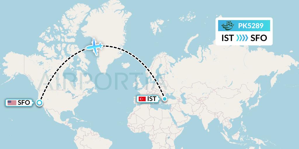 PK5289 Pakistan International Airlines Flight Map: Istanbul to San Francisco