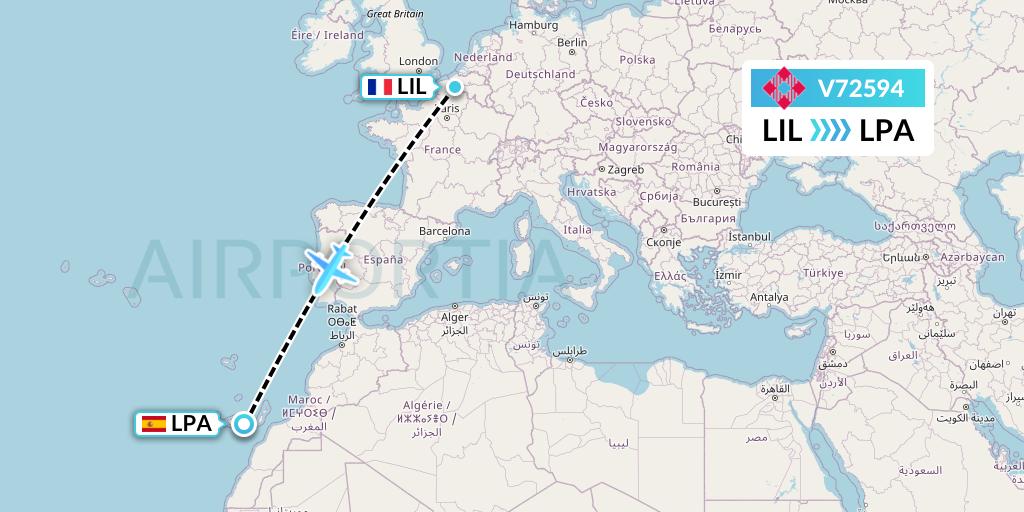 V72594 Volotea Flight Map: Lille to Las Palmas