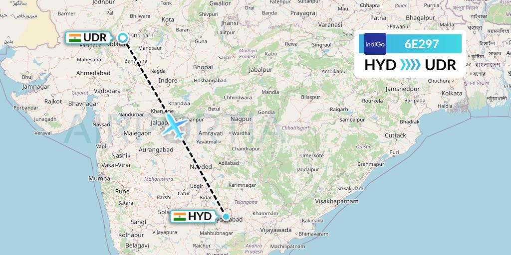 6E297 IndiGo Airlines Flight Map: Hyderabad to Udaipur