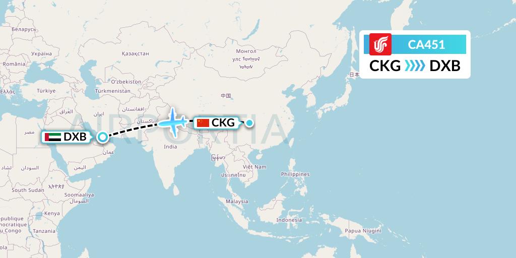 CA451 Air China Flight Map: Chongqing to Dubai