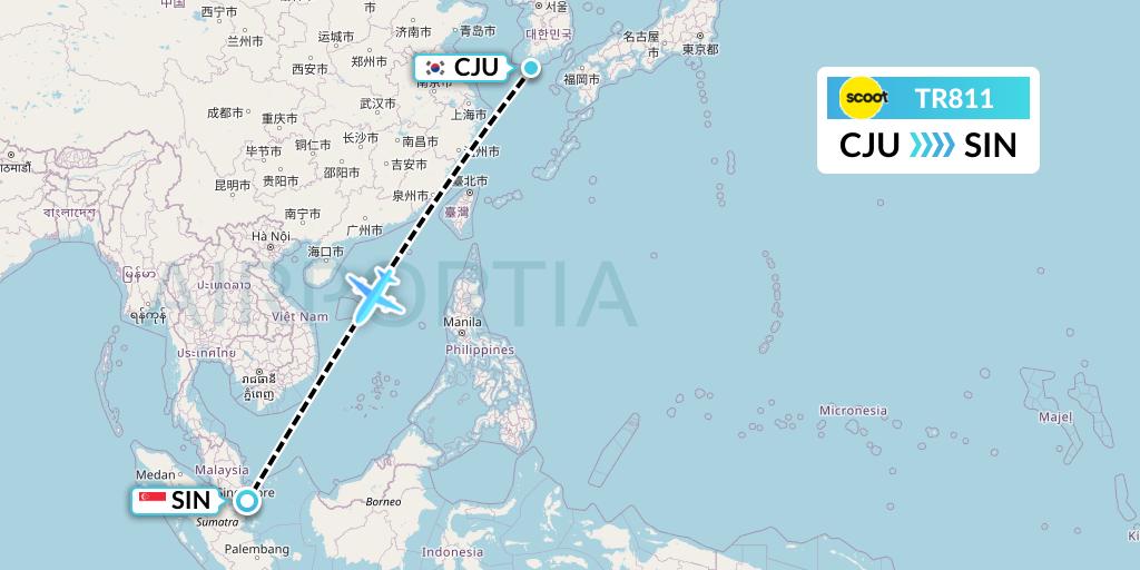 TR811 Tigerair Flight Map: Jeju to Singapore