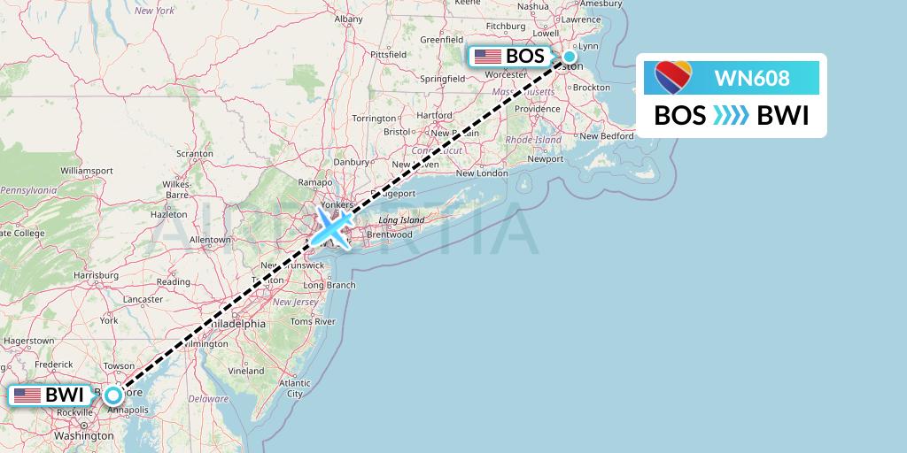 WN608 Southwest Airlines Flight Map: Boston to Baltimore