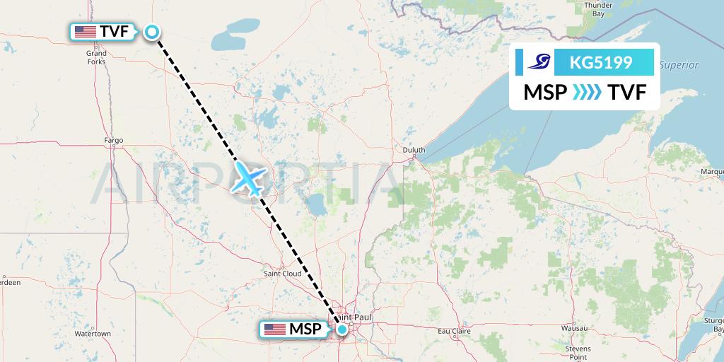 KG5199 Key Lime Air Flight Map: Minneapolis to Thief River Falls