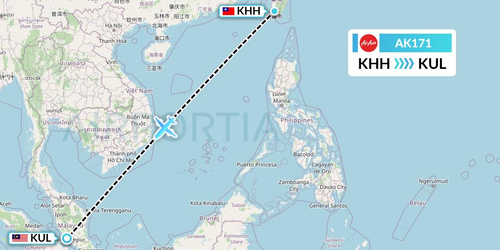 AK171 AirAsia Flight Map: Kaohsiung to Kuala Lumpur