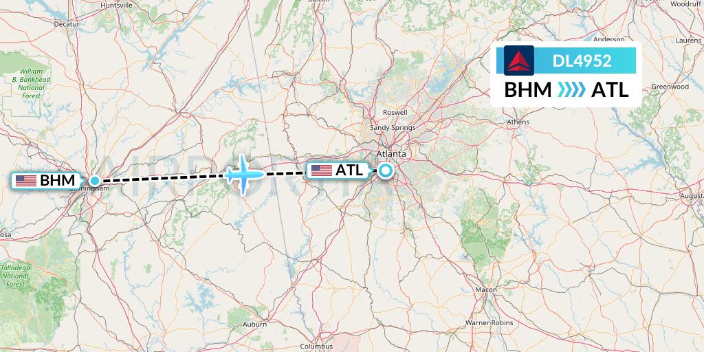DL4952 Delta Air Lines Flight Map: Birmingham to Atlanta