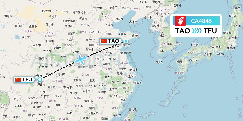 CA4845 Air China Flight Map: Qingdao to Chengdu