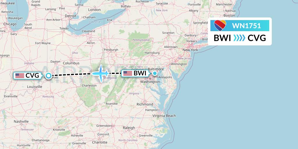 WN1751 Southwest Airlines Flight Map: Baltimore to Cincinnati
