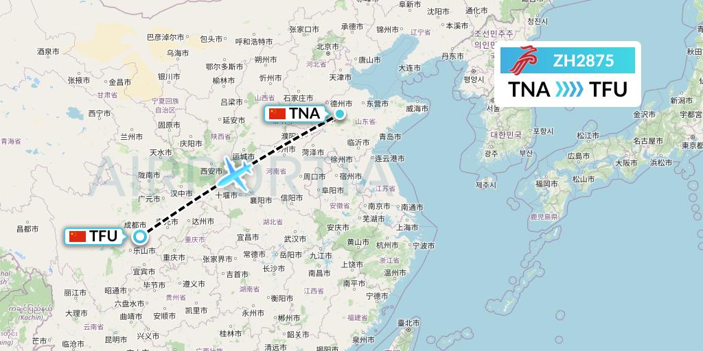 ZH2875 Shenzhen Airlines Flight Map: Jinan to Chengdu
