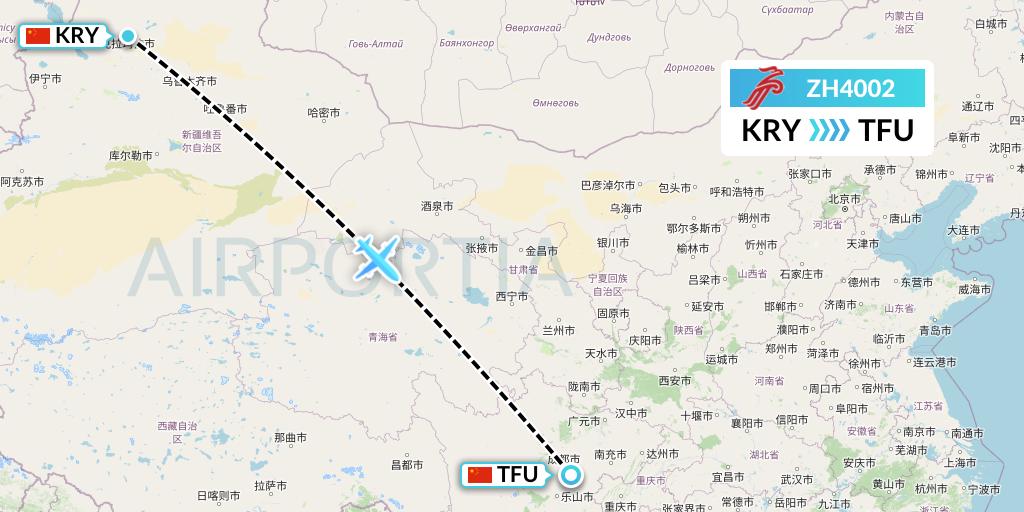 ZH4002 Shenzhen Airlines Flight Map: Karamay to Chengdu